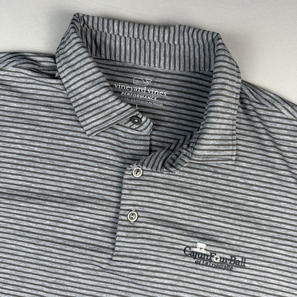 Vineyard Vinesโ Performance Polo Shirt Mens L Gray Stripes Short Sleeve Logo